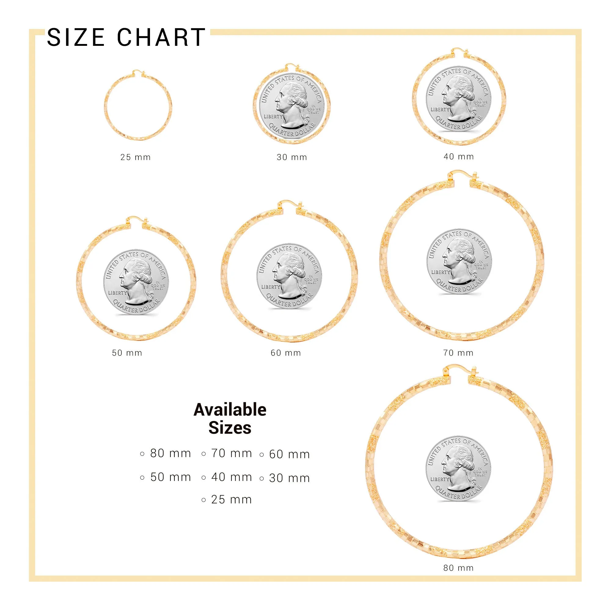 14K Gold-Filled Box Textured Cut Hoop Women Earrings 4 mm Thick 25-80 mm