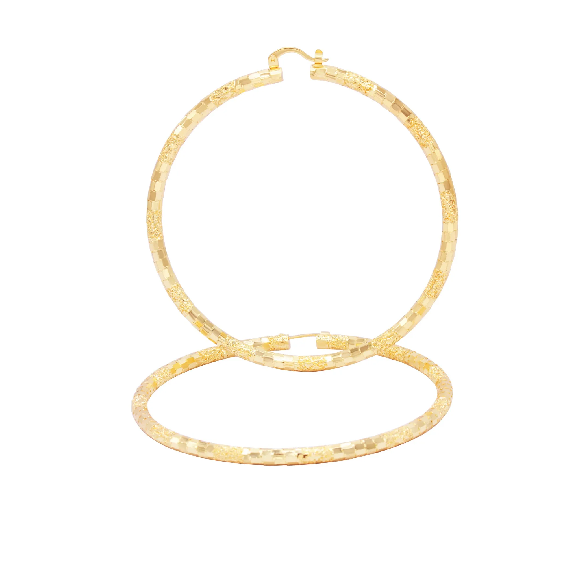 14K Gold-Filled Box Textured Cut Hoop Women Earrings 4 mm Thick 25-80 mm