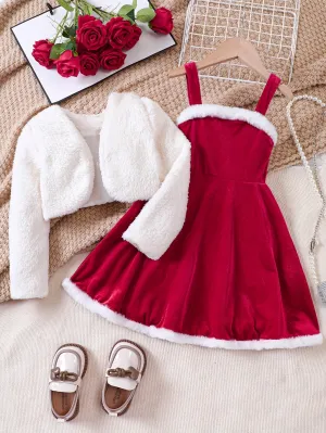 2pcs Plush Long Sleeve Cardigan   Cami Dress Set, Comfy Outfits For Girls, Spring Fall Winter Christmas Gift