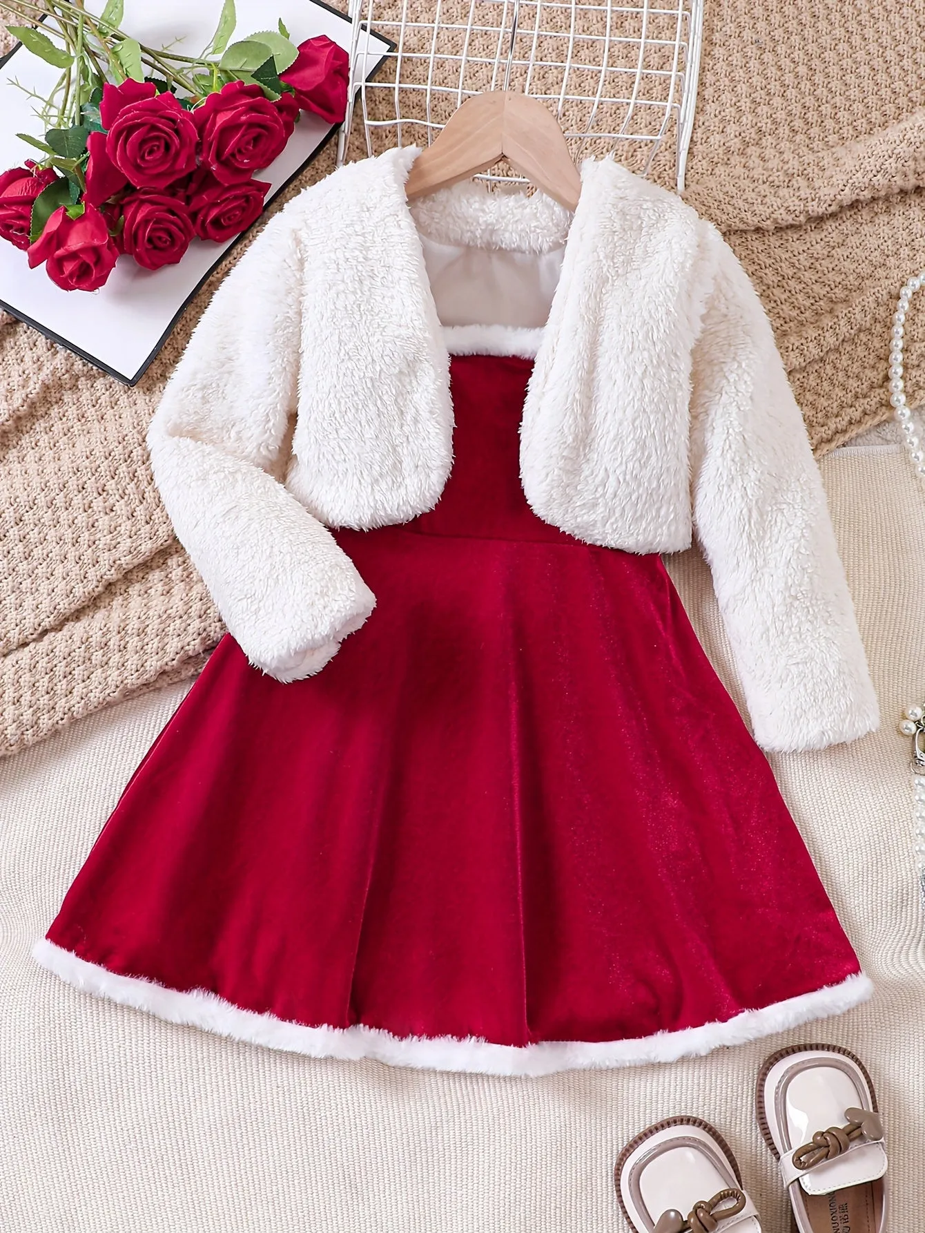 2pcs Plush Long Sleeve Cardigan   Cami Dress Set, Comfy Outfits For Girls, Spring Fall Winter Christmas Gift