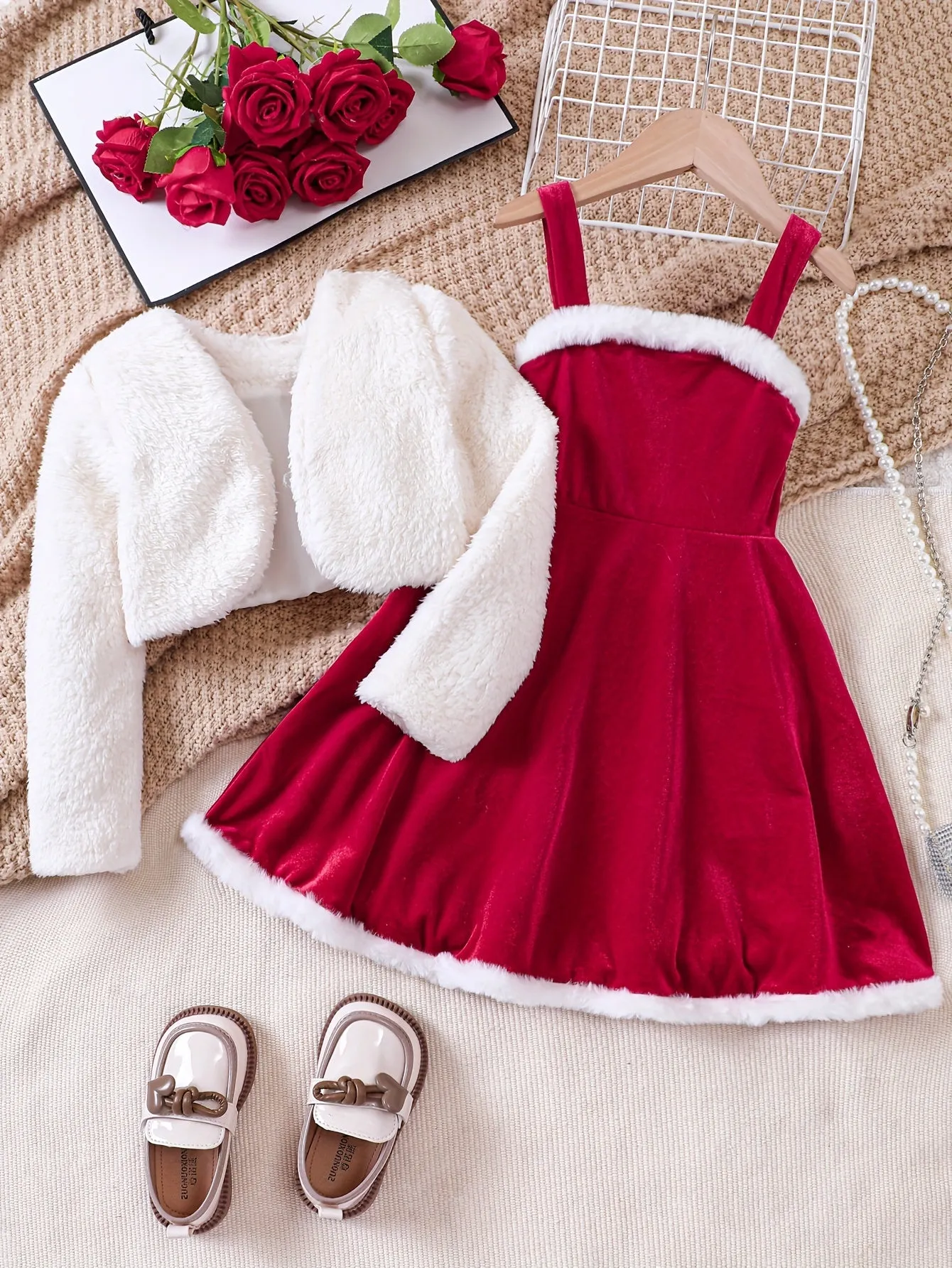 2pcs Plush Long Sleeve Cardigan   Cami Dress Set, Comfy Outfits For Girls, Spring Fall Winter Christmas Gift