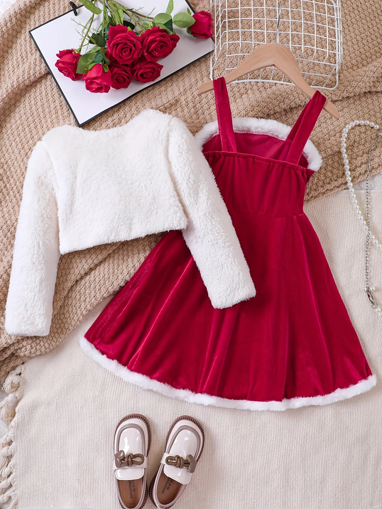 2pcs Plush Long Sleeve Cardigan   Cami Dress Set, Comfy Outfits For Girls, Spring Fall Winter Christmas Gift