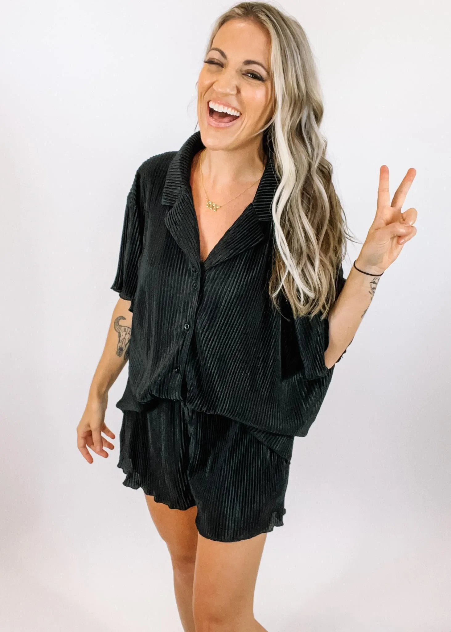 Accordion Pleated Blouse and Short Set