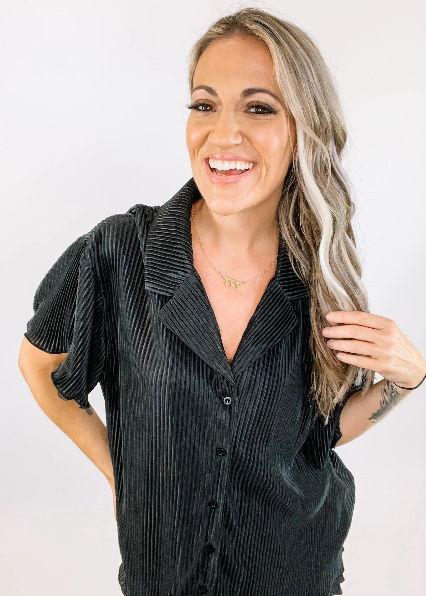 Accordion Pleated Blouse and Short Set