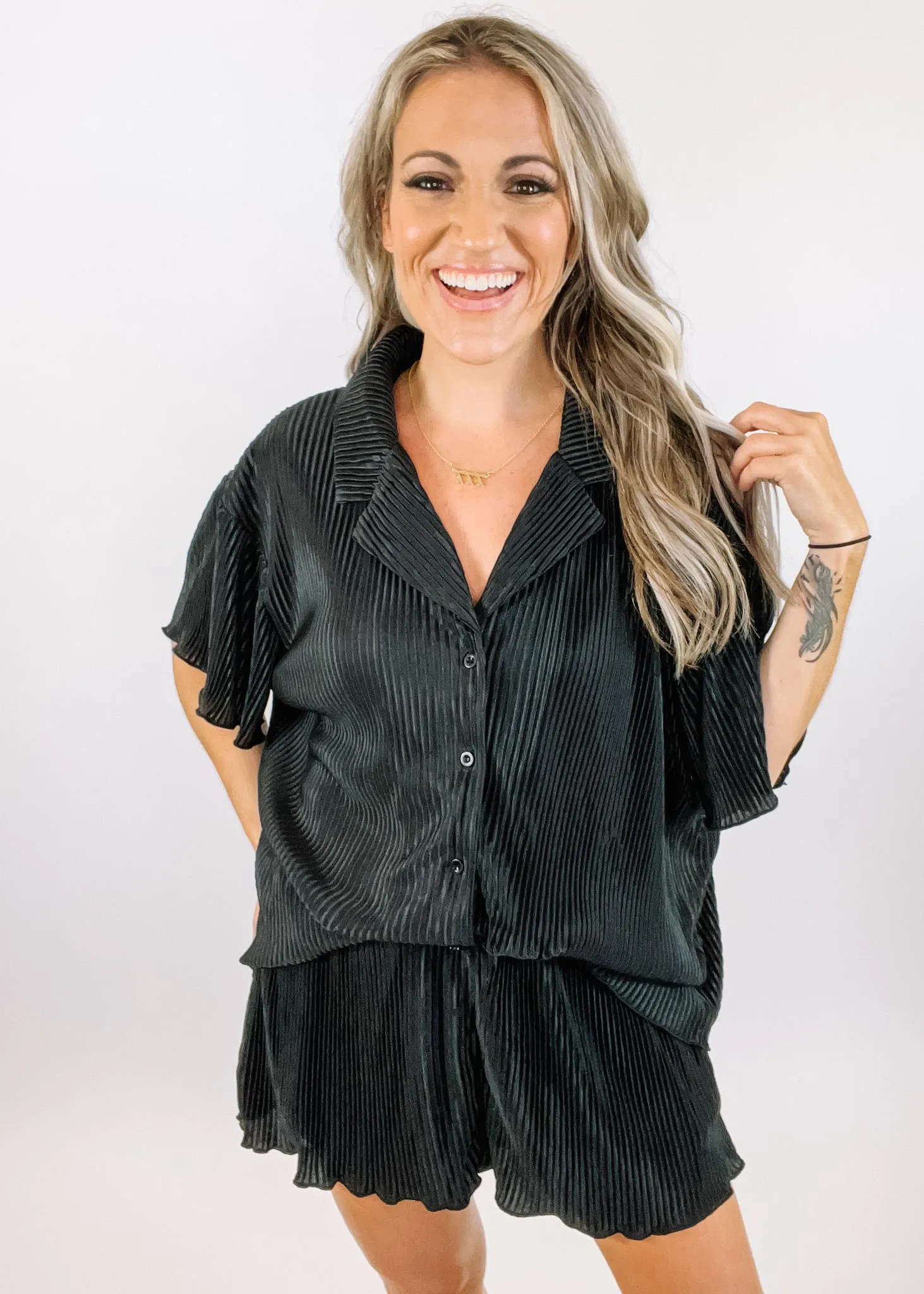 Accordion Pleated Blouse and Short Set