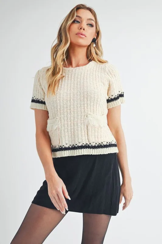 Aemi   Co Round Neck Short Sleeve Tweed Sweater