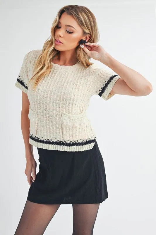 Aemi   Co Round Neck Short Sleeve Tweed Sweater