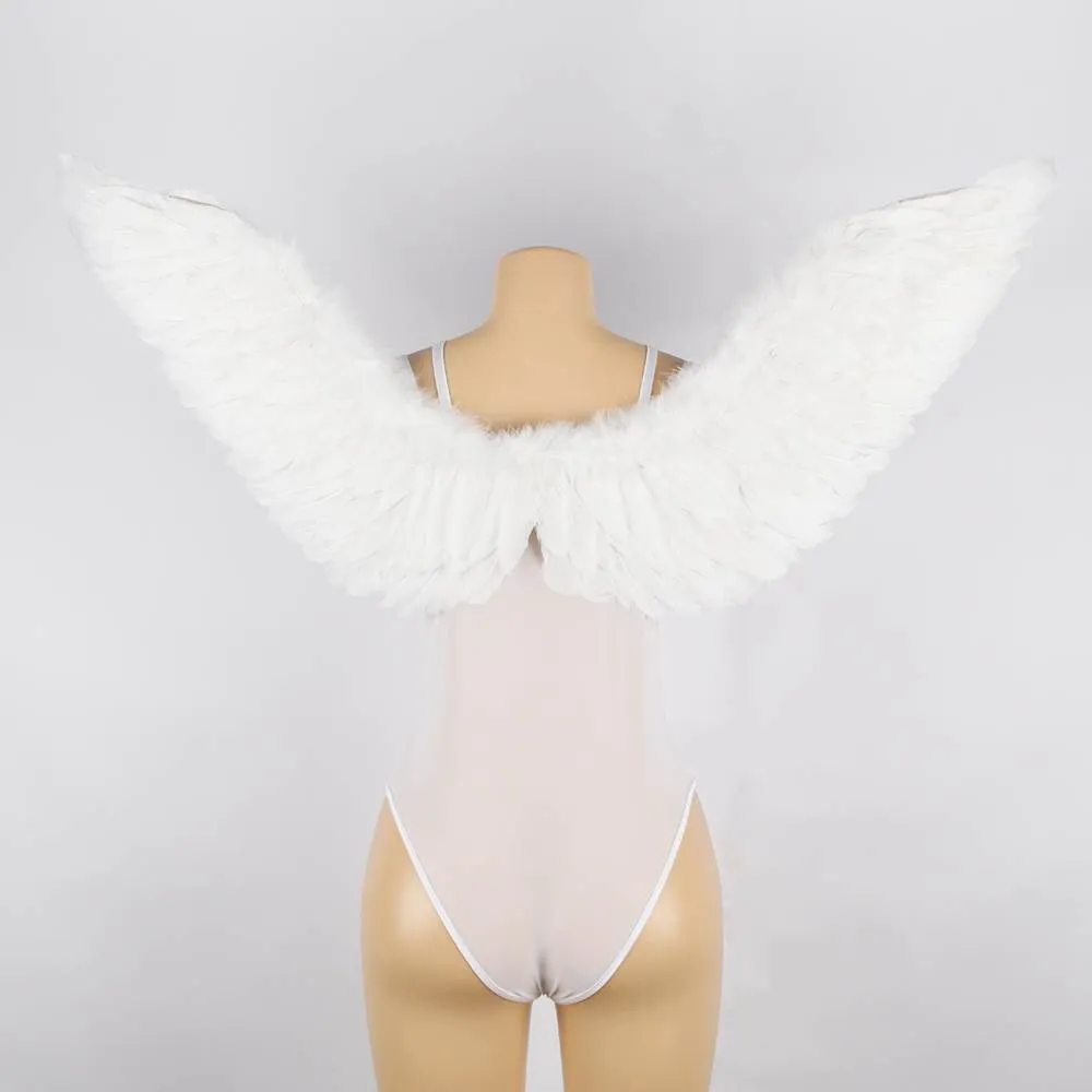 Angel Feather Wings Decoration White & Black Lace Sexy Bodysuit
