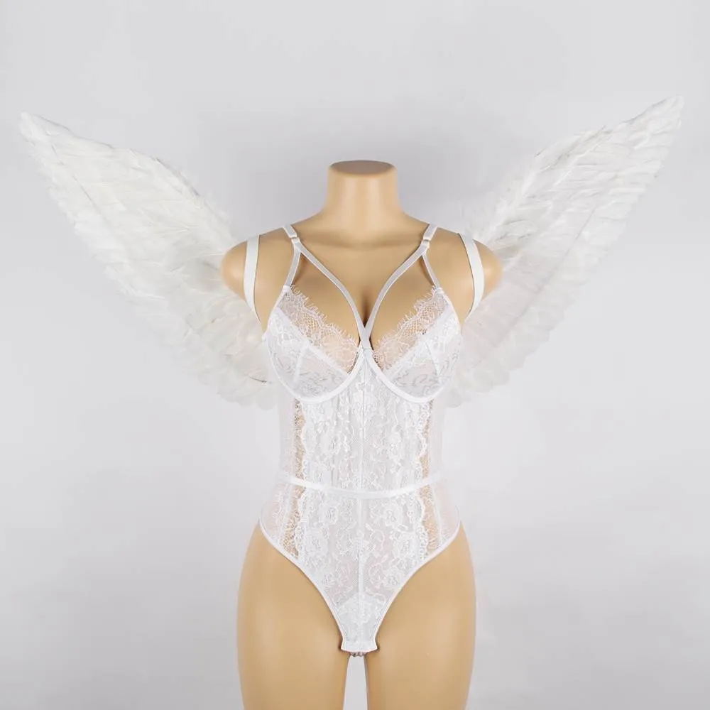 Angel Feather Wings Decoration White & Black Lace Sexy Bodysuit