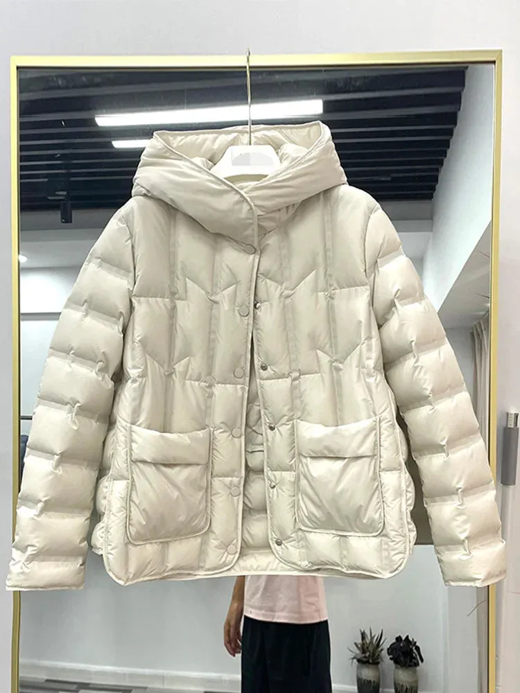 ANYCHIC Puffer Jacket Beige Womens Single Breasted Stand Collar Down Hooded Winter Coat