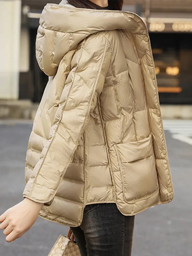 ANYCHIC Puffer Jacket Beige Womens Single Breasted Stand Collar Down Hooded Winter Coat