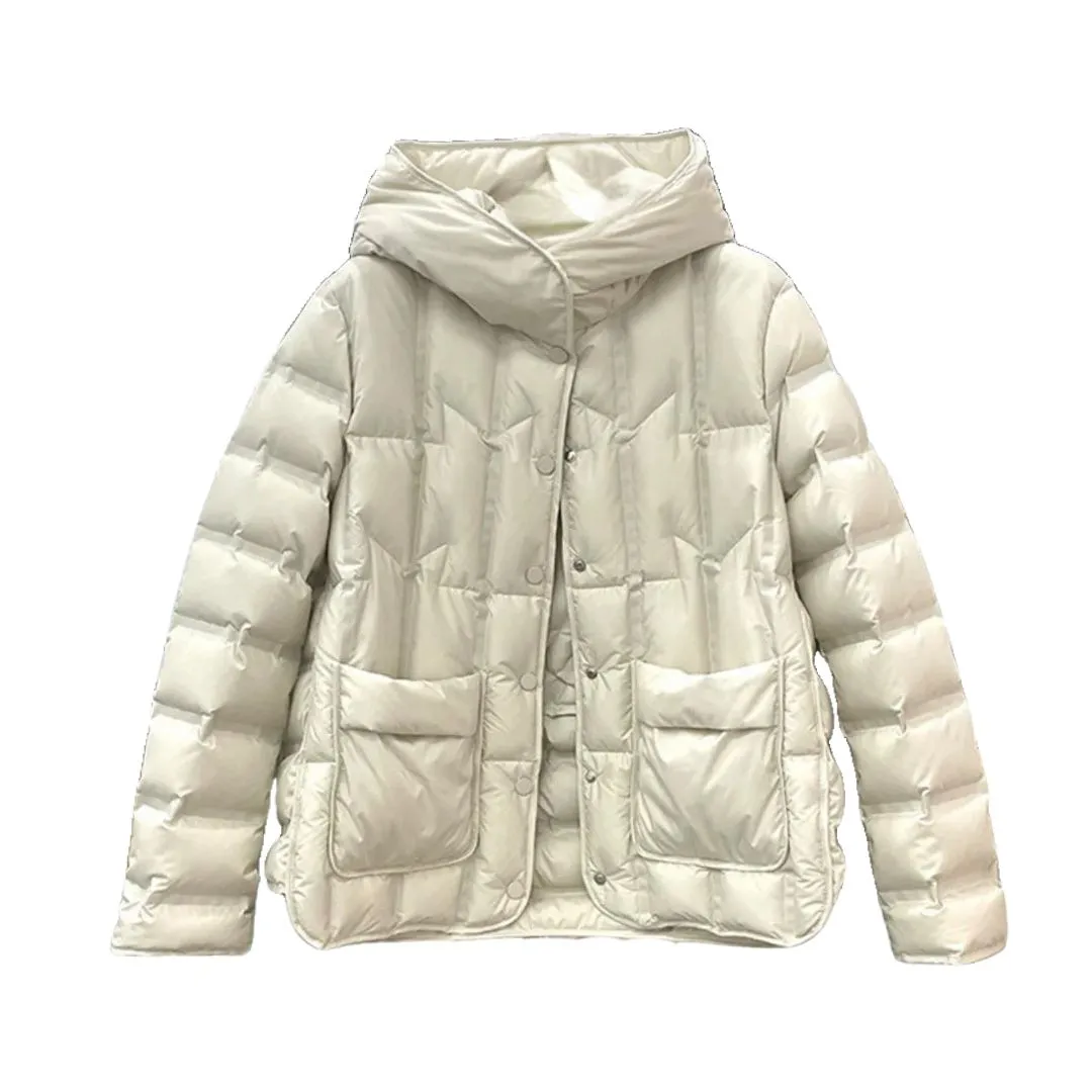 ANYCHIC Puffer Jacket Beige Womens Single Breasted Stand Collar Down Hooded Winter Coat