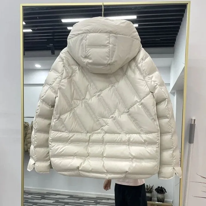 ANYCHIC Puffer Jacket Beige Womens Single Breasted Stand Collar Down Hooded Winter Coat