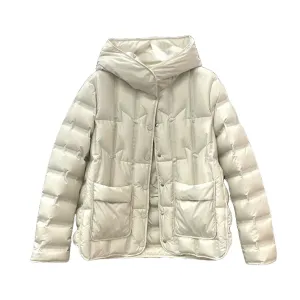 ANYCHIC Puffer Jacket Beige Womens Single Breasted Stand Collar Down Hooded Winter Coat