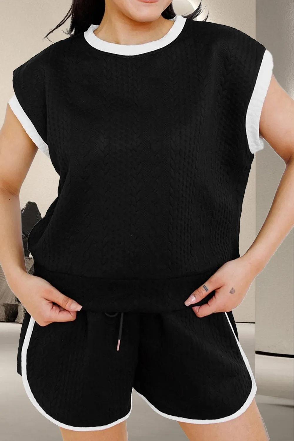 Baley Contrast Trim Round Neck Top and Shorts Set