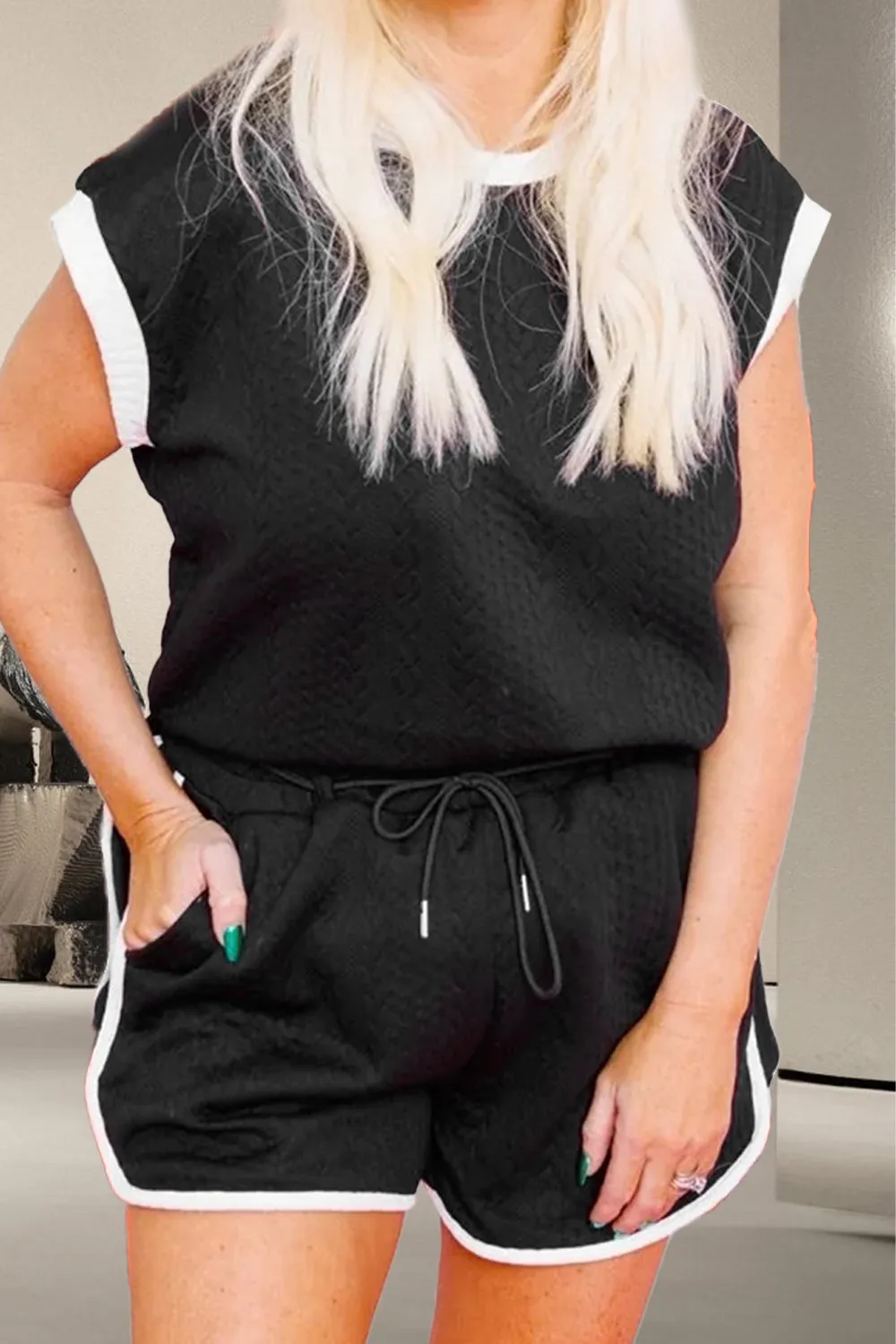 Baley Contrast Trim Round Neck Top and Shorts Set
