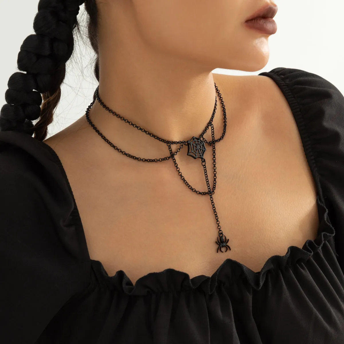 Black Cobweb & Spider Layered Pendant Necklace