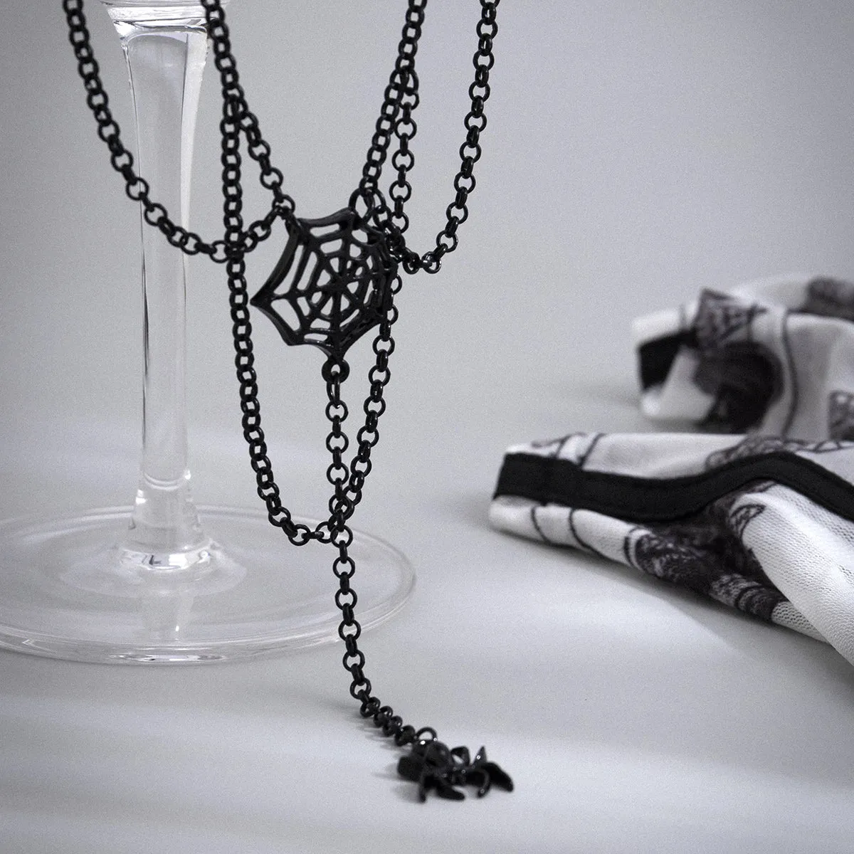Black Cobweb & Spider Layered Pendant Necklace