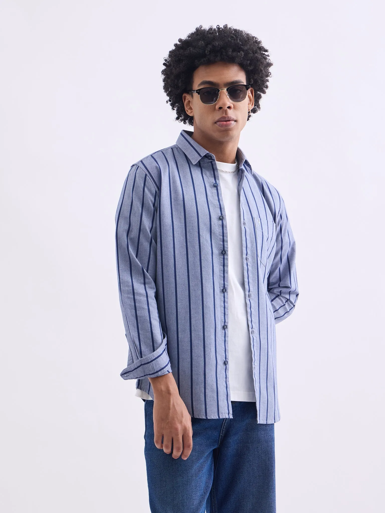 Blue Striped Slim Fit Casual Shirt