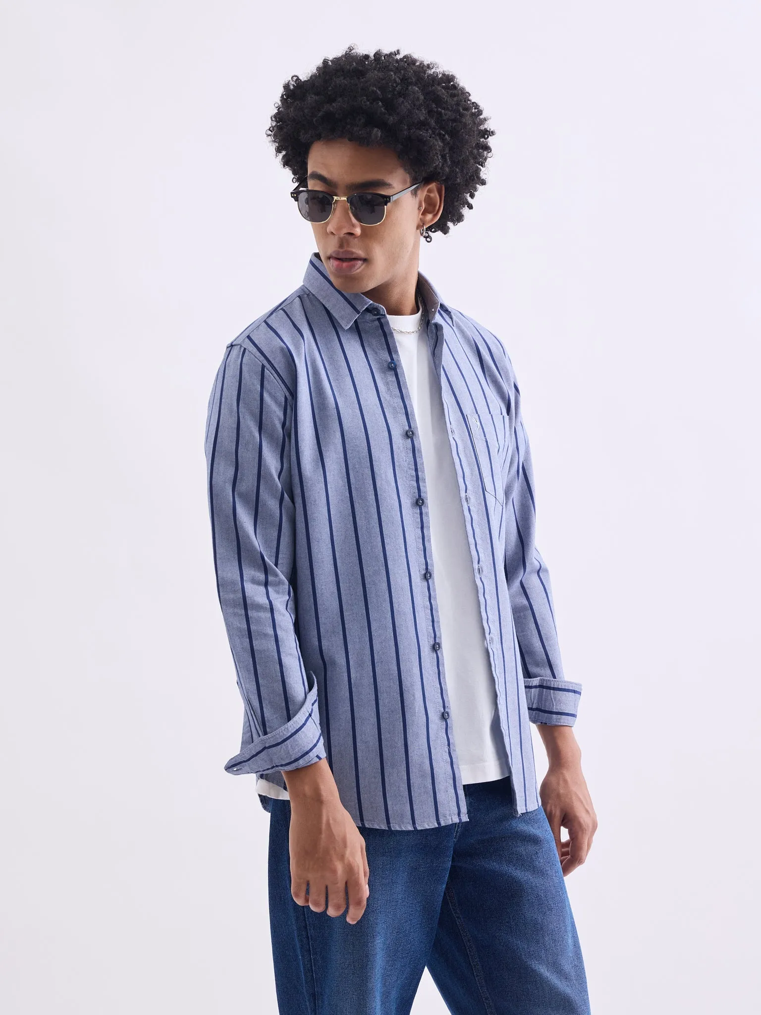 Blue Striped Slim Fit Casual Shirt