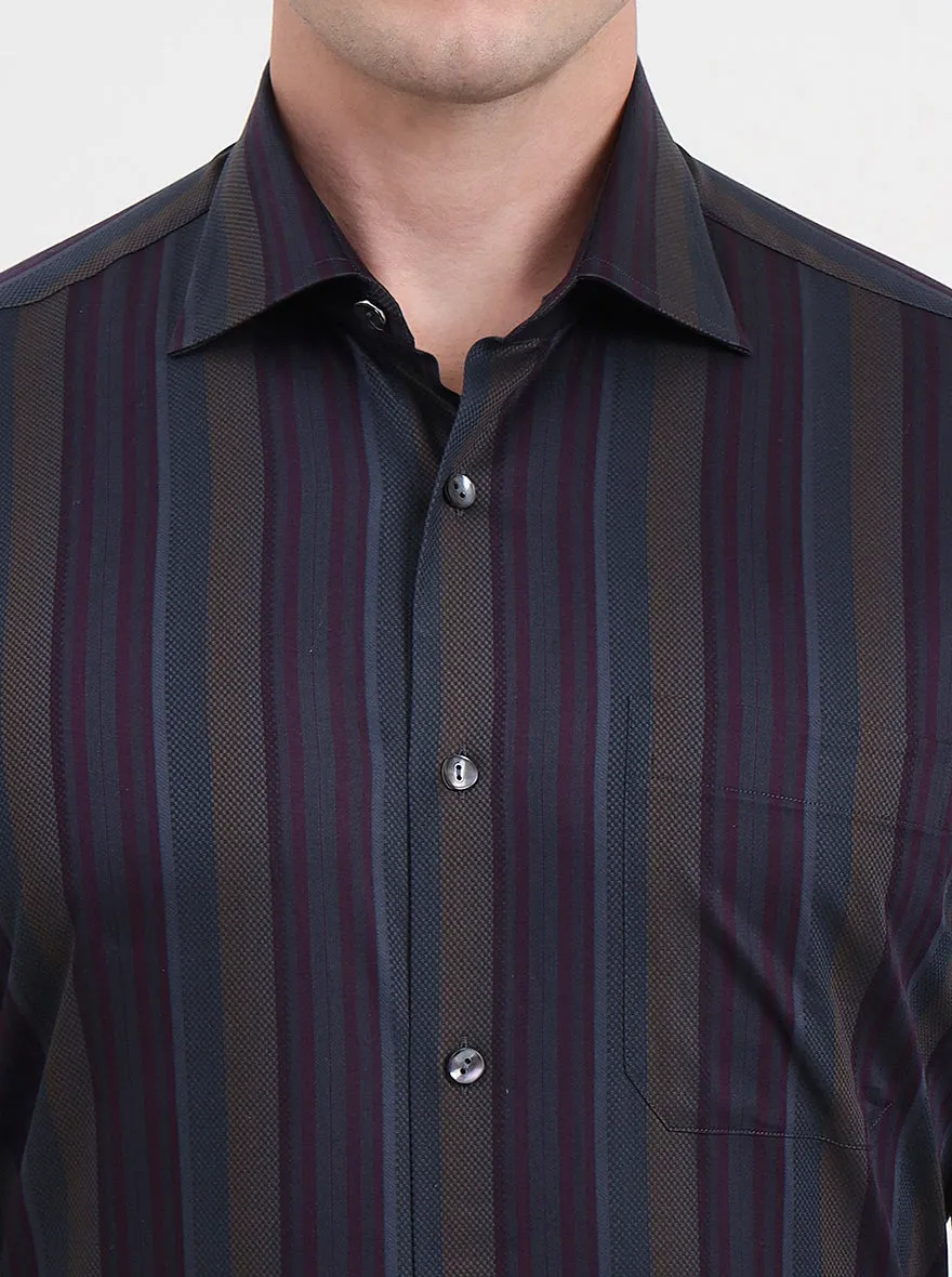 Brown & Grey Striped Slim Fit Formal Shirt | JadeBlue