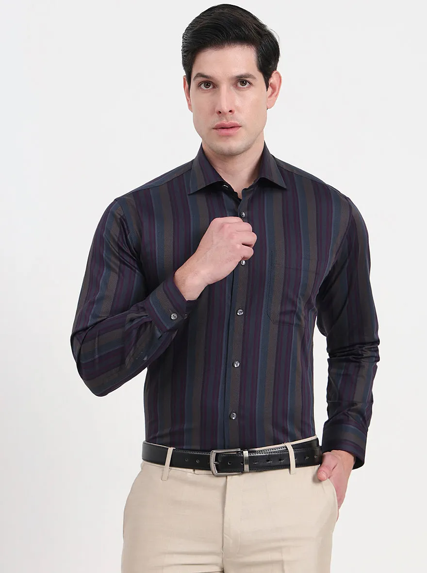 Brown & Grey Striped Slim Fit Formal Shirt | JadeBlue