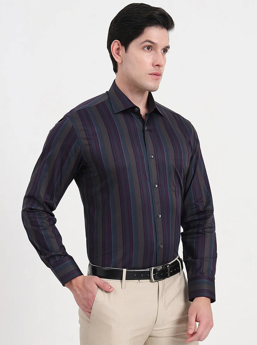 Brown & Grey Striped Slim Fit Formal Shirt | JadeBlue