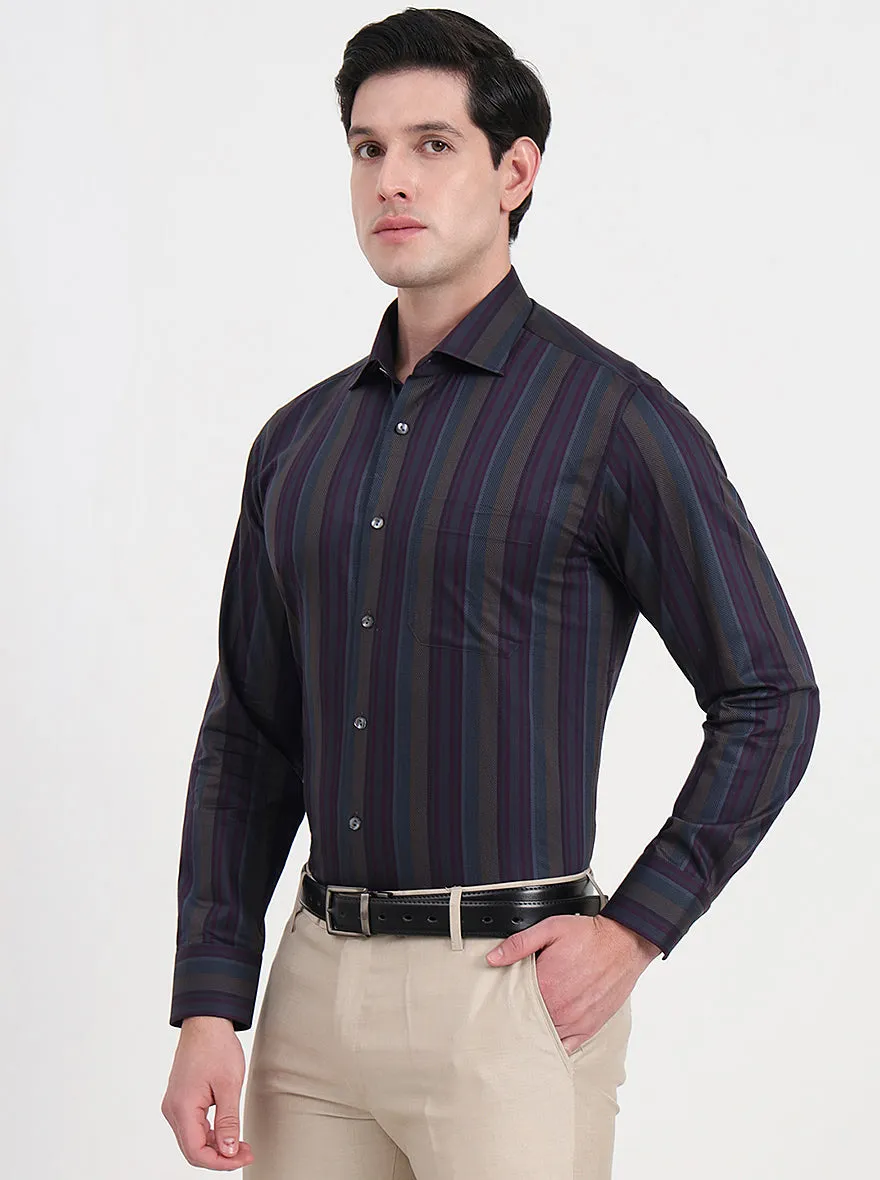 Brown & Grey Striped Slim Fit Formal Shirt | JadeBlue