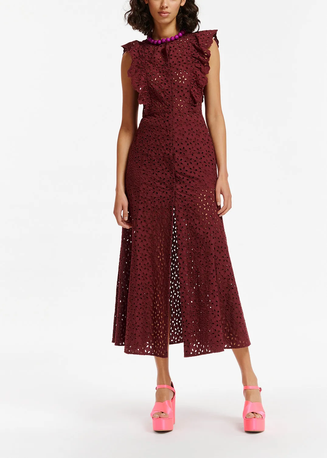 Burgundy broderie anglaise cotton maxi dress