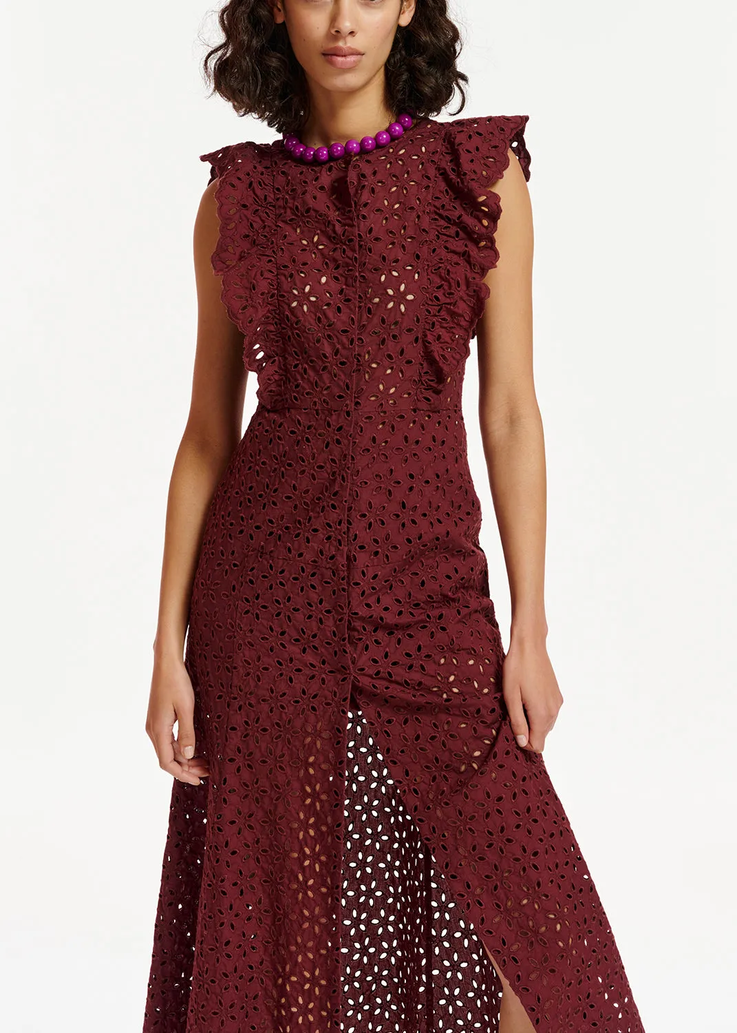 Burgundy broderie anglaise cotton maxi dress