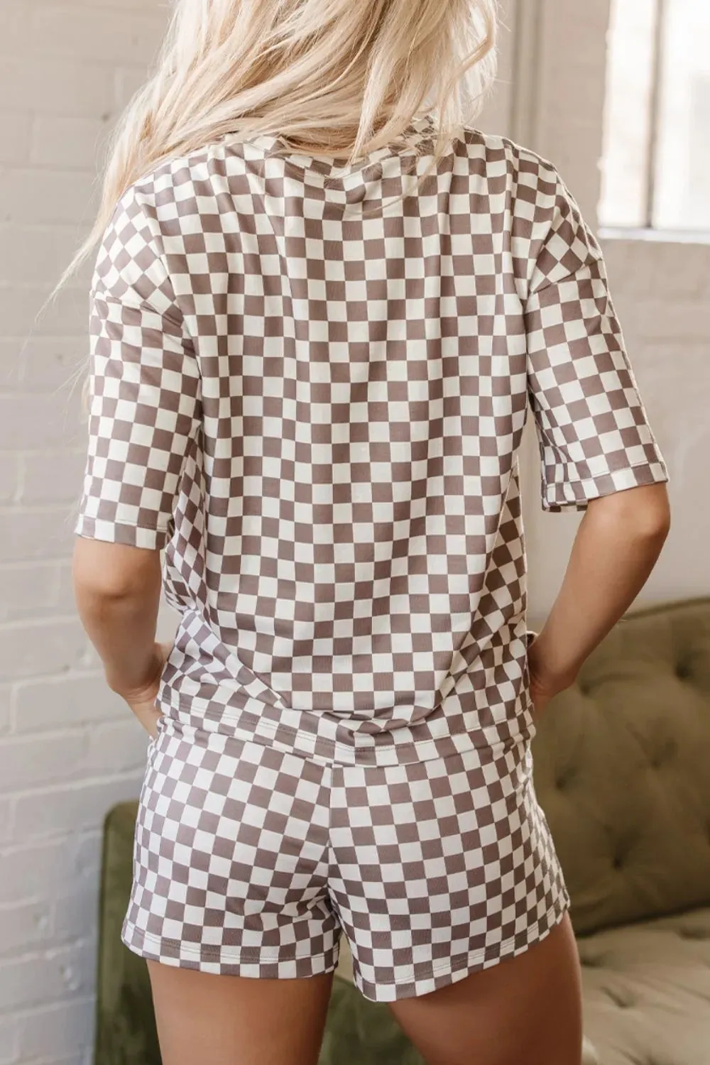 Checkered Round Neck Top and Shorts Set