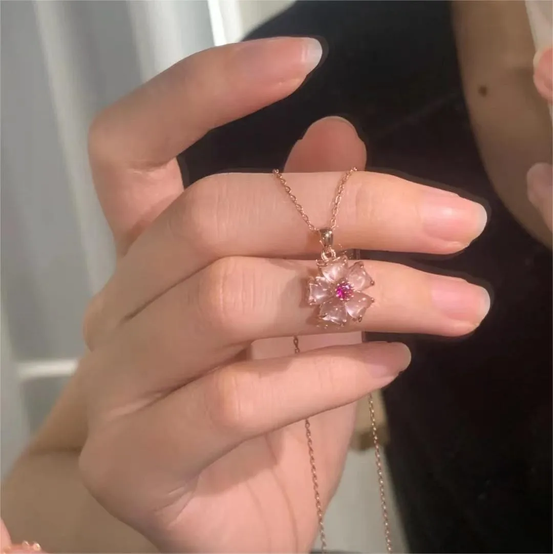 Chic CZ Inlaid Pink Opal Heart Cherry Blossom Pendant Necklace