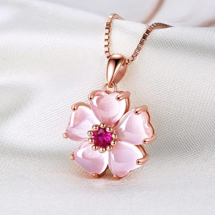 Chic CZ Inlaid Pink Opal Heart Cherry Blossom Pendant Necklace