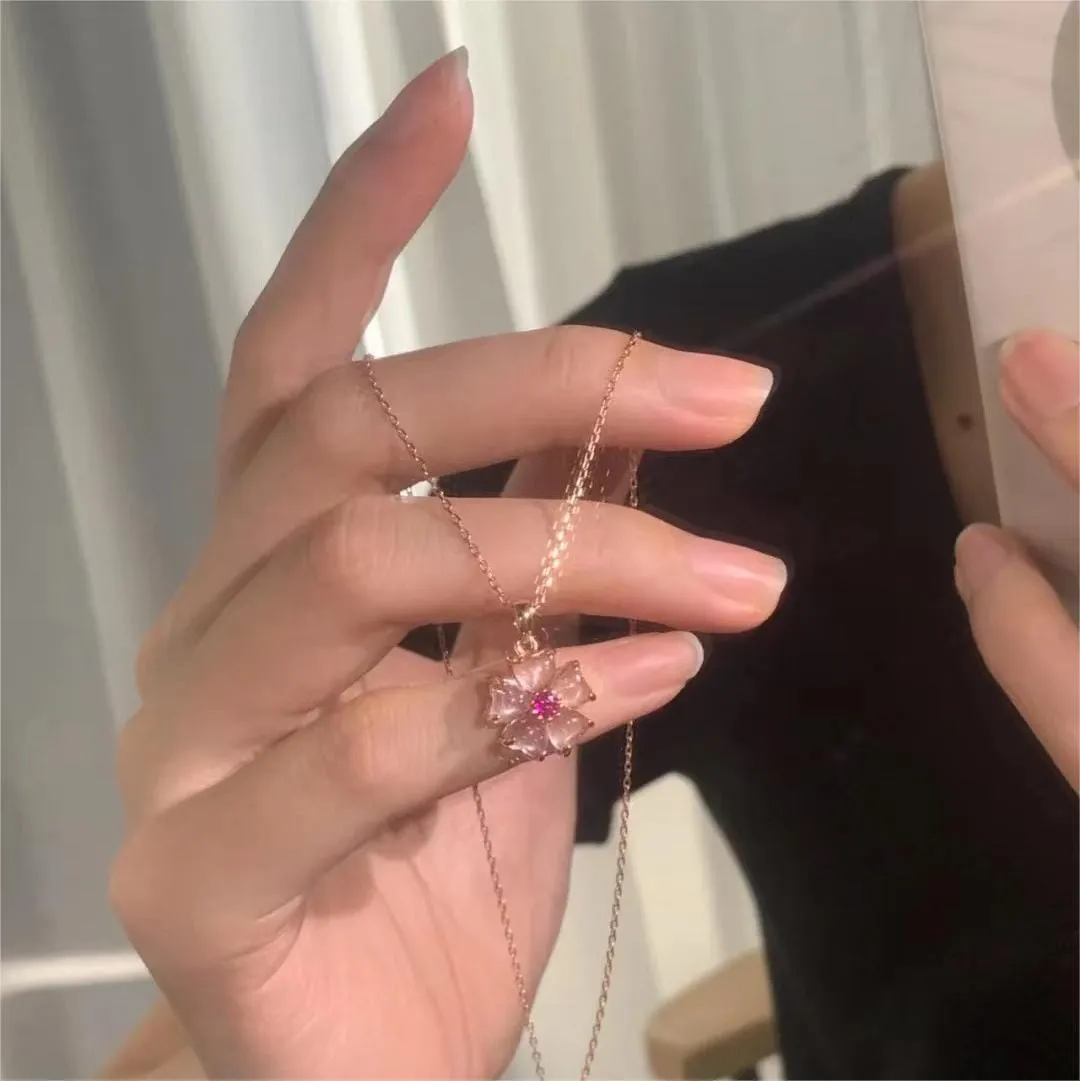 Chic CZ Inlaid Pink Opal Heart Cherry Blossom Pendant Necklace