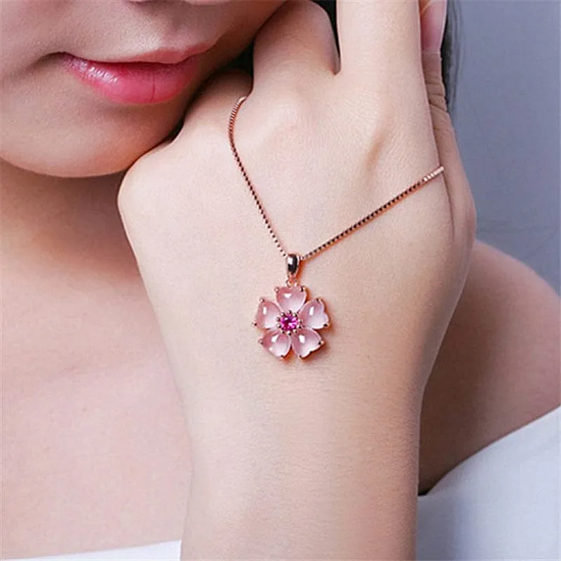 Chic CZ Inlaid Pink Opal Heart Cherry Blossom Pendant Necklace