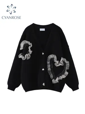 christmas outfit JazzHer Women's Heart Mesh Patchwork Knitted Sweater V-Neck Long Sleeve Oversized Loose Spring Female Casual Vintage Cardigan Sweaters