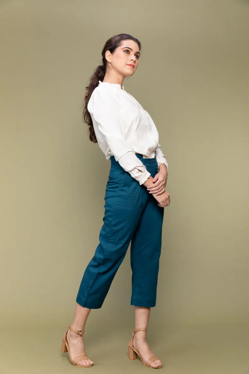 Co-ordinates- Handloom Cotton Shirt in Off White & Cropped Cotton Pants in Teal Blue (Set of 2)