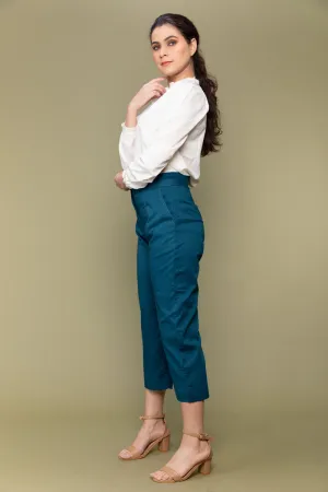 Co-ordinates- Handloom Cotton Shirt in Off White & Cropped Cotton Pants in Teal Blue (Set of 2)