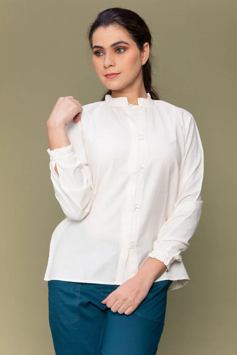 Co-ordinates- Handloom Cotton Shirt in Off White & Cropped Cotton Pants in Teal Blue (Set of 2)