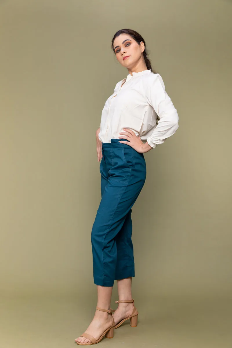 Co-ordinates- Handloom Cotton Shirt in Off White & Cropped Cotton Pants in Teal Blue (Set of 2)