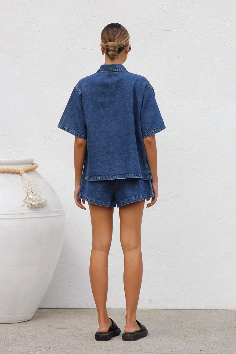 Collared Neck Button Up Top and Shorts Denim Set