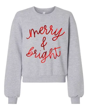 Cropped Boutique Balloon Sleeve Merry and Bright Sweater - Direct To Film Printed