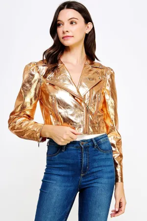 Cropped metallic copper leather jacket
