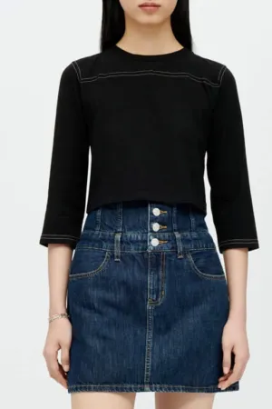 Cropped Varsity Tee | Black With Cream Stitch