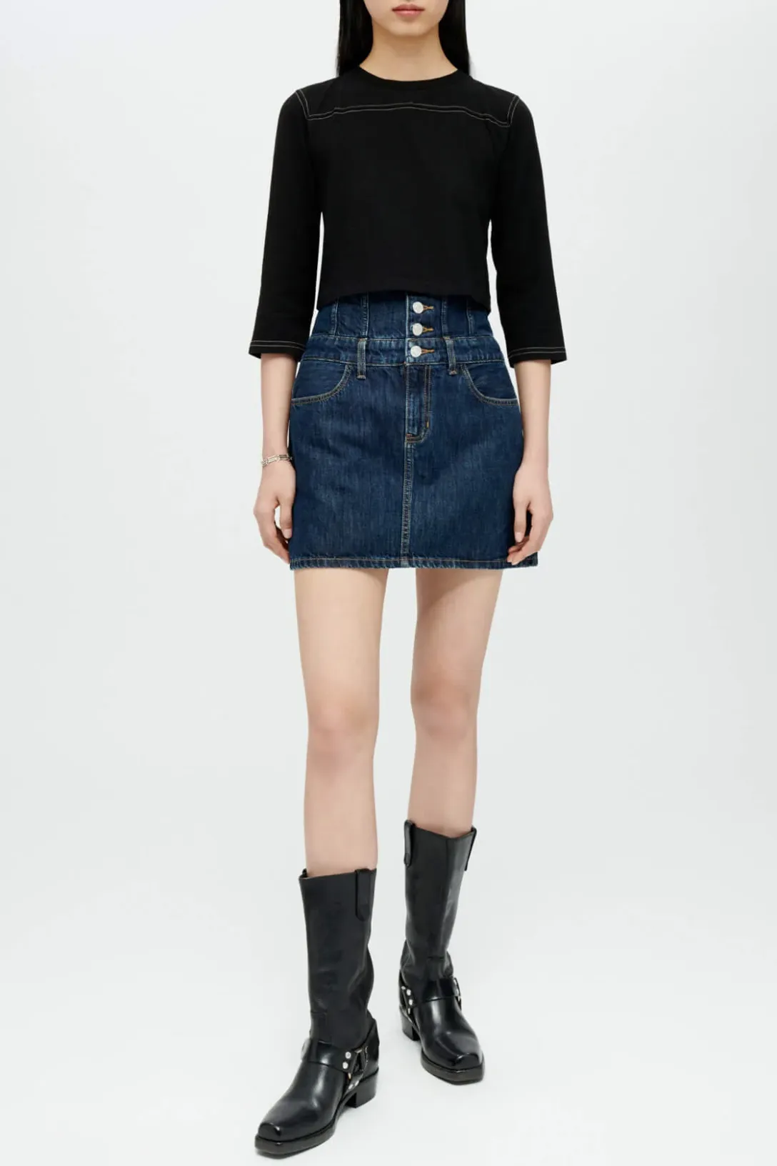Cropped Varsity Tee | Black With Cream Stitch