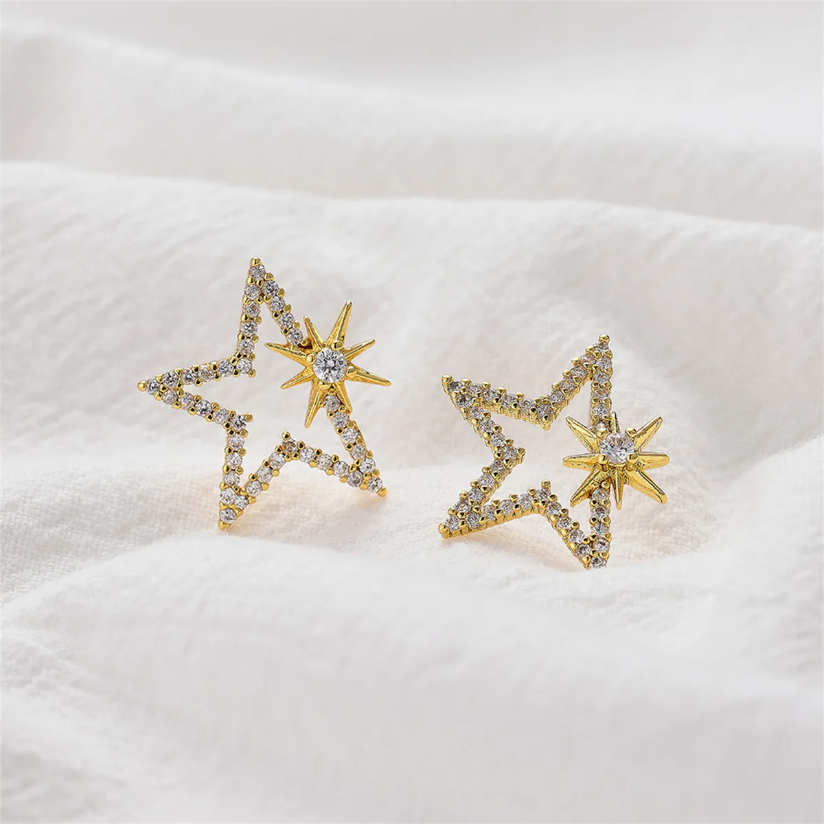 Cubic Zirconia & 18K Gold-Plated Open Star Sun Stud Earrings