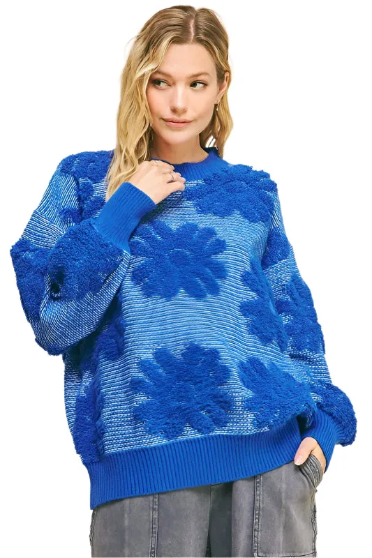 Davi & Dani Flower Texture Round Neck Dropped Shoulder Sweater