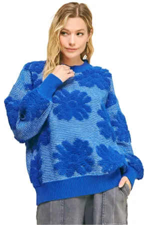 Davi & Dani Flower Texture Round Neck Dropped Shoulder Sweater