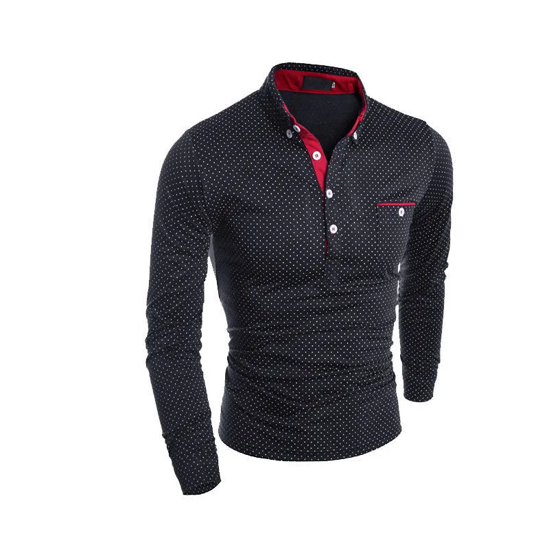 Fashion Mens Dots Polo Long Sleeve Print Slim Fit Shirts for Men Polo Shirts Plus Size Camisa Polo Masculina