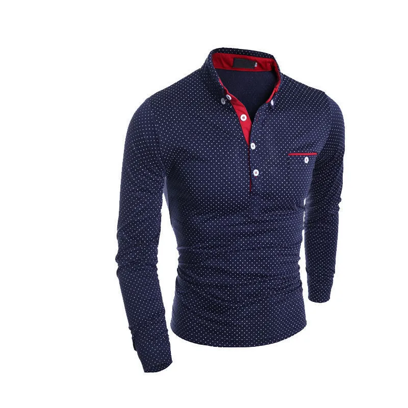 Fashion Mens Dots Polo Long Sleeve Print Slim Fit Shirts for Men Polo Shirts Plus Size Camisa Polo Masculina